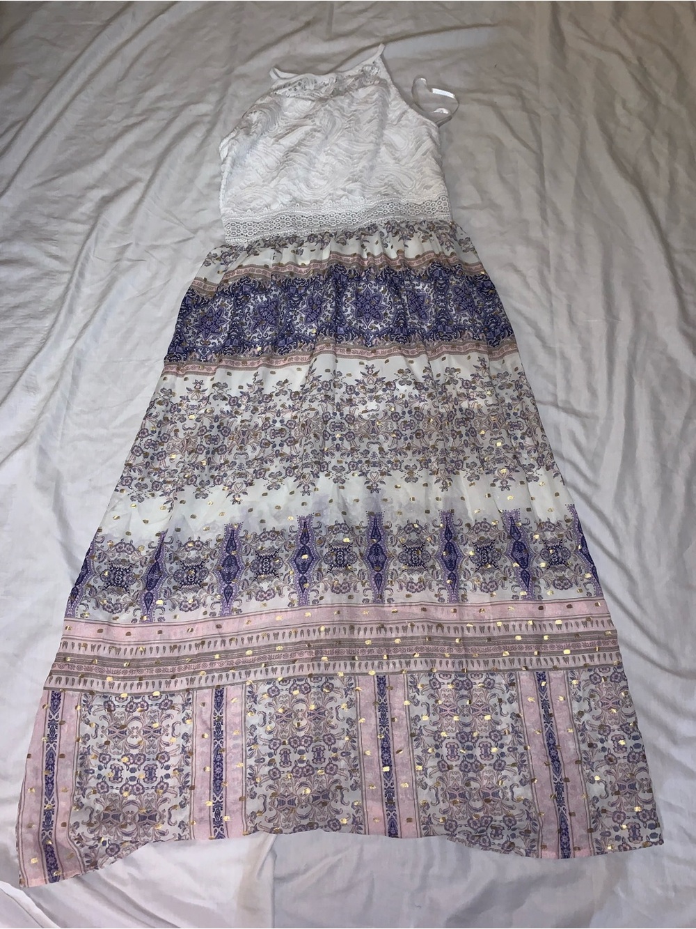 Iz Byer White Lace Top Lavender and Pink Patterned Maxi Skirt Dress